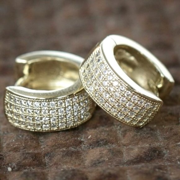 New 14k Gold Plated Silver Sim. Diamond Wide Hoop Studs - Picture 1 of 3